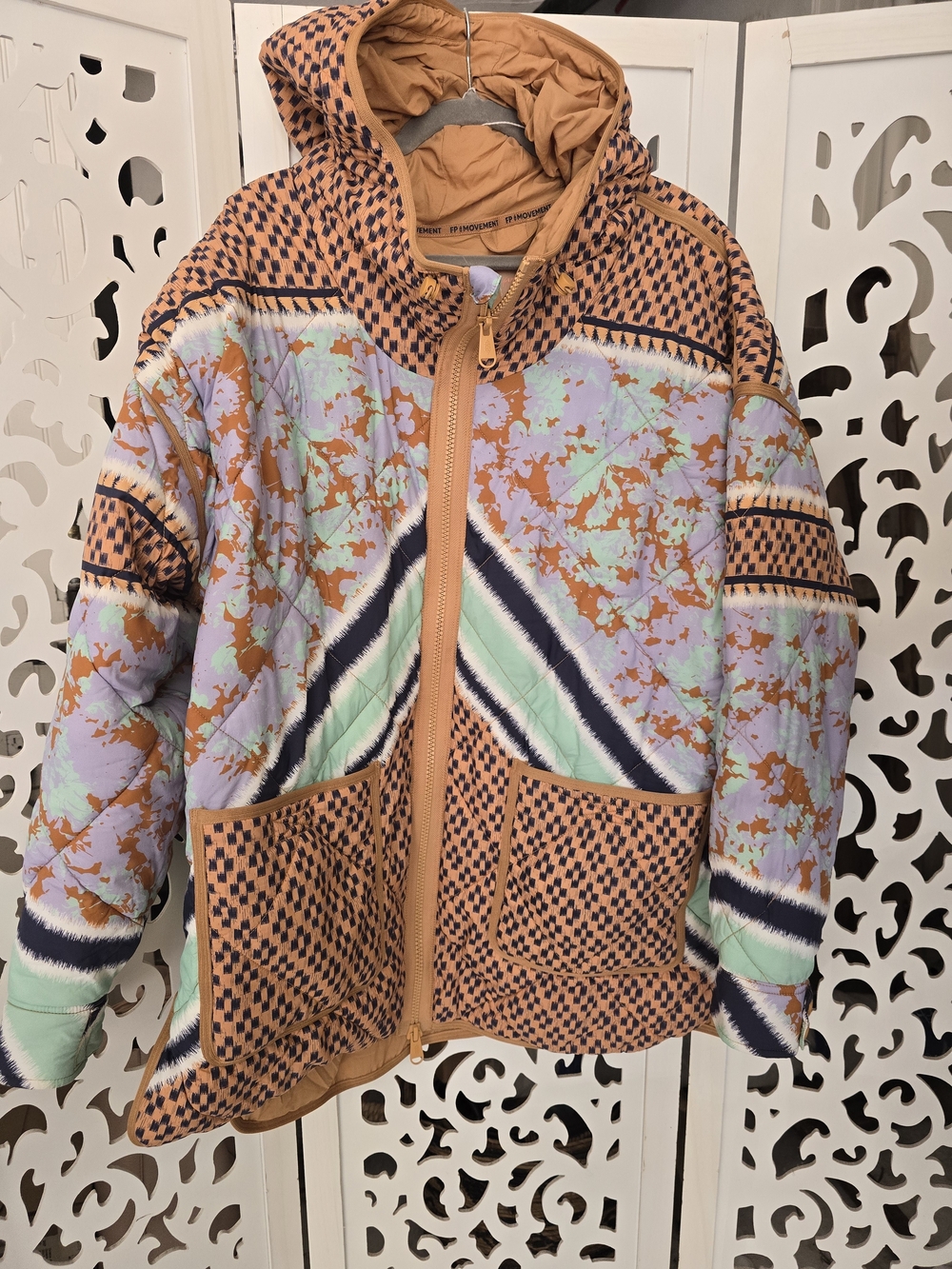 Free People Quilted Hooded Patchwork Puffer in Peach, Mint & Lilac. Snow Jacket